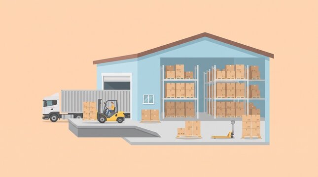 Factory warehouse with forklift, pallets, boxes and storage racks in flat design on pastel background, isolated industrial logistics and manufacturing concept.