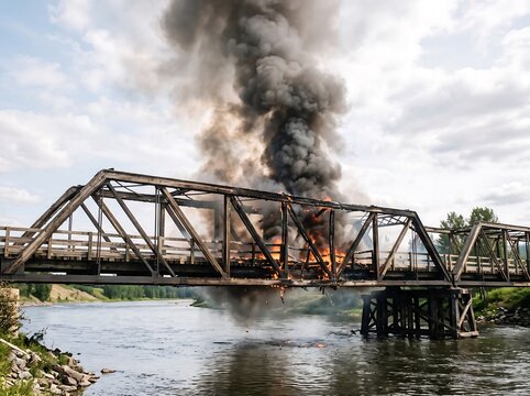 Wooden bridge burning with thick black smoke over a river