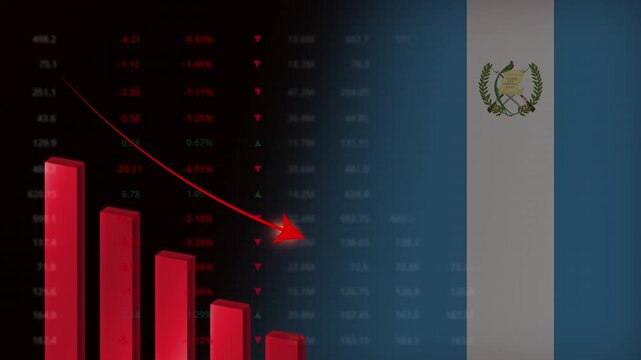 Economic crisis in Guatemala concept background.Red falling graph animation with Guatemalan flag.Stock market crash