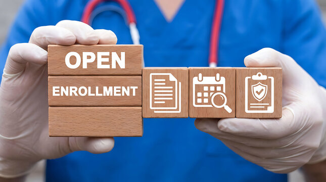 Medical professional holding wooden blocks with open enrollment text and icons