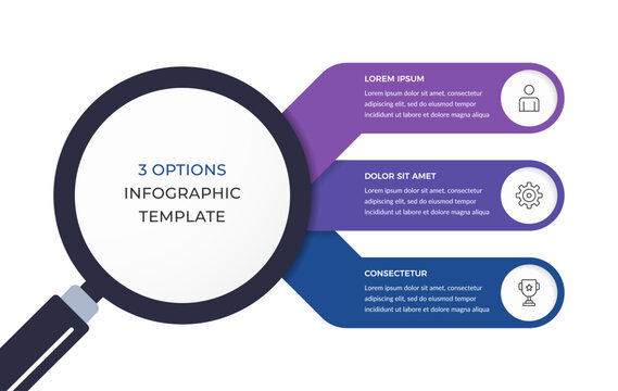 Infographic template with magnifying glass graphic and three horizontal banners