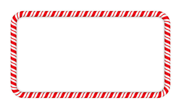 Candy cane striped realistic frame. Red and white candy cane swirl rectangle border. Festive seasonal decor for card, menu or invitation. Vector illustration