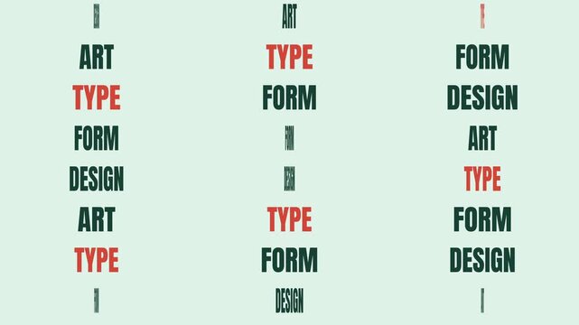 Abstract kinetic typography background featuring rotating and flipping words including design, art, type, and form in a minimalist grid layout.