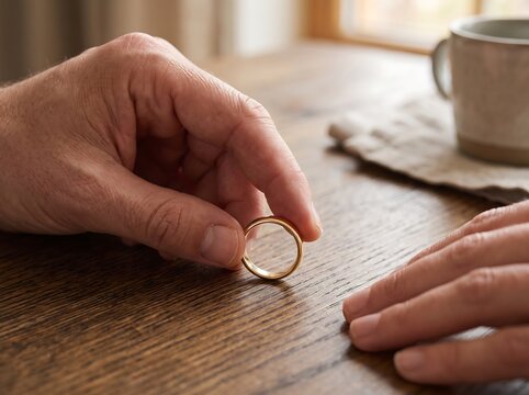 Man holding a gold wedding ring on a wooden table