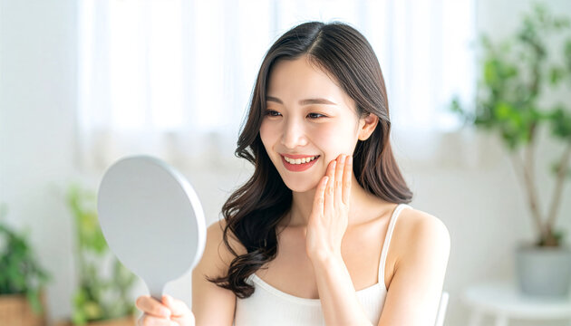 明るい部屋で手鏡を見ながら頬に手を添えて笑顔を見せる女性（スキンケア・素肌美・美容）