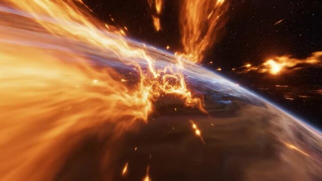 Fiery Solar Flare and Plasma Energy Vortex Sweeping Over Planet Earth in Deep Space 3D Rendering