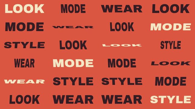 Dynamic kinetic typography animation featuring fashion words like style, wear, mode, and look. Perfect for fashion trends, clothing advertisements, and apparel marketing.