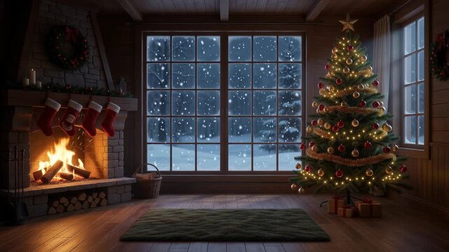 christmas interior with tree presents and fireplace. seamless looping overlay 4k virtual video animation background
