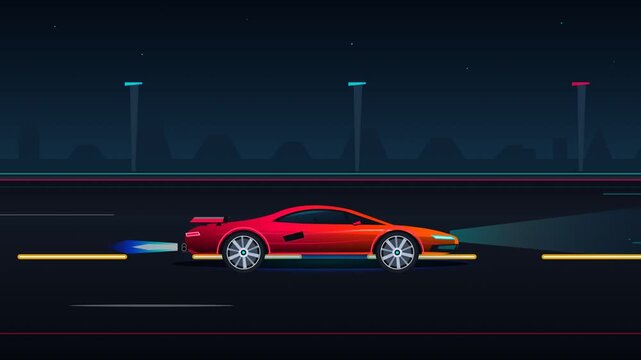 Red sport car driving fast on highway at night with jet flame, transparent background
