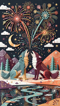 Two Wolves Howling Under Spectacular New Year Fireworks in Dark Night Sky Wildlife Celebration Background