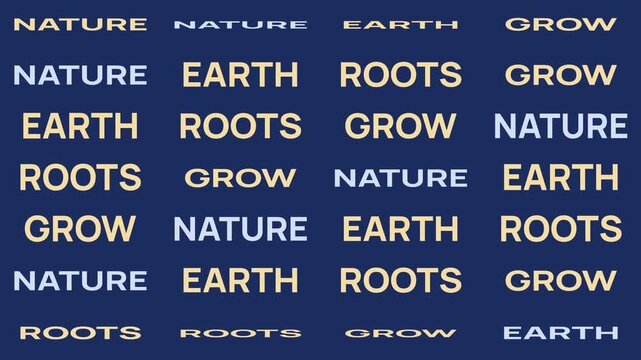Rhythmic motion graphics featuring a repeating pattern of the words Earth, Roots, Grow, and Nature. Stylish typography with a waving text animation effect on a dark blue background.