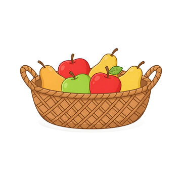 ​Woven wicker basket filled with fresh red apples, green apple, and yellow pears vector illustration on white background