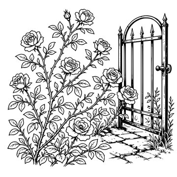 Blooming Rose Bush Beside Garden Gate