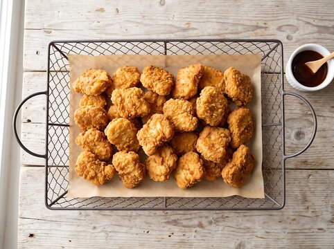 Crispy chicken nuggets served in a wire basket with dipping sauce