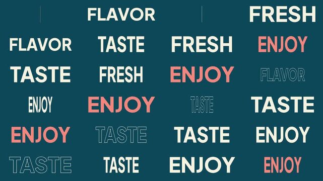 Animated motion graphics featuring words like fresh, taste, enjoy, and flavor in a waving pattern. Ideal for restaurant menus, food advertising, and social media promotions.