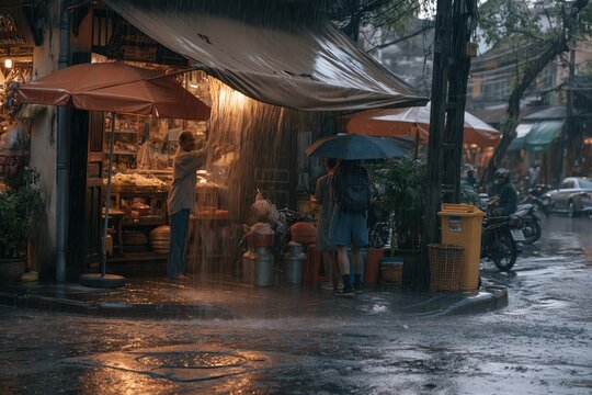 Local shop glowing warmly on a rain-soaked street corner