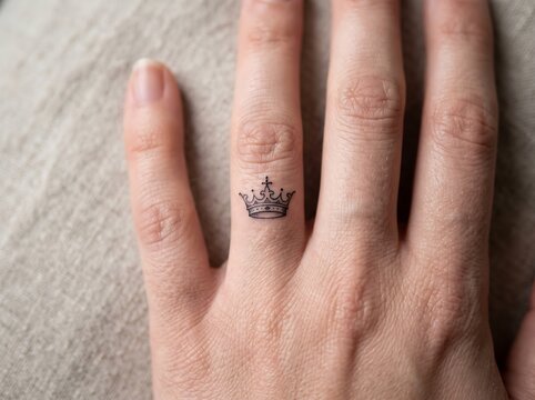 Minimalist crown tattoo on middle finger of a human hand