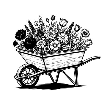 Wooden Wheelbarrow Filled with Flowers