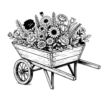 Wooden Wheelbarrow Filled with Flowers