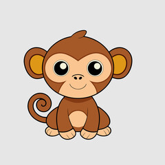 Cute cartoon monkey illustration with big eyes on a simple light grey background © Mst