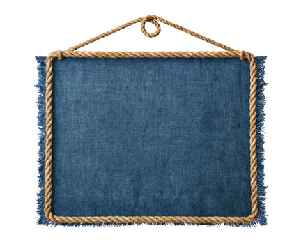 Blue denim fabric sign with rope border isolated on white background