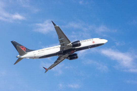 Toronto, Canada, September 6, 2026; Air Canada Boeing 737 Max 8 jet airplane tail number C-GEHI taking off from Toronto Pearson YYZ airport wheels up on a clear day