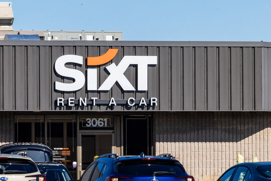 Toronto, Canada, September 6, 2026; The German based Sixt brand logo sign on a car rental location near an airport