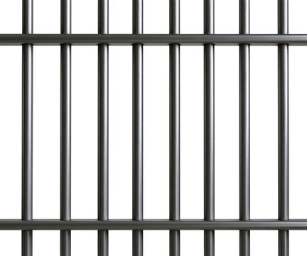 Metal prison bars isolated on white background, jail cell gate or security fence concept.