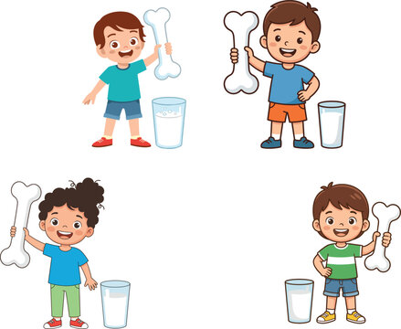 Cute happy kids holding strong bone with glass of milk healthy calcium nutrition and growth vector illustration