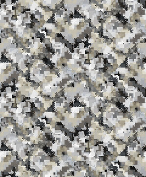 Seamless geometric digital camouflage texture with precise monotone and beige pixel patterns for wallpaper