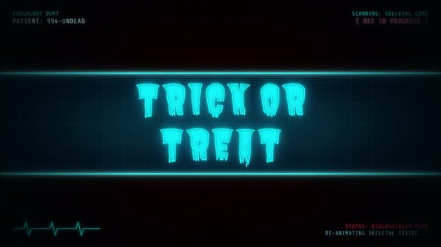 Animated Trick or Treat Text on Dark Horror Medical Monitor HUD