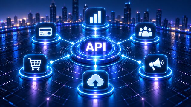 Application programming interface API hub connecting digital commerce analytics marketing and cloud services in futuristic smart city