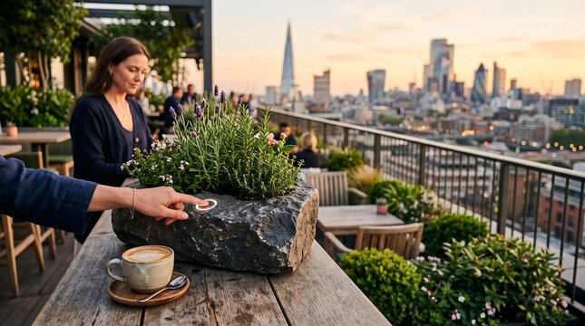 Woman touching a smart button on a planter with city skyline at sunset on a rooftop bar urban
