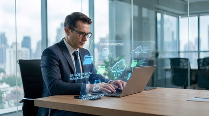 Obraz premium Businessman typing on laptop with cloud computing hologram