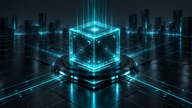 Quantum computing core processor with glowing digital cube representing futuristic data storage and blockchain technology