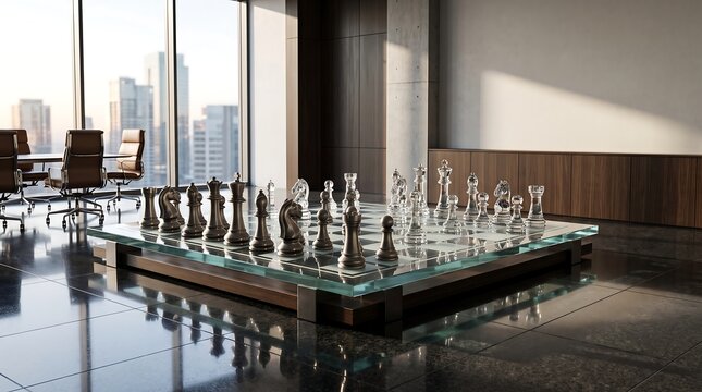 Luxury office interior with a large glass chess set on a modern platform image photo