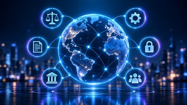Global digital network connecting international legal compliance corporate governance data security and worldwide communication