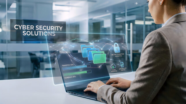 Businesswoman using a laptop with digital cyber security interface