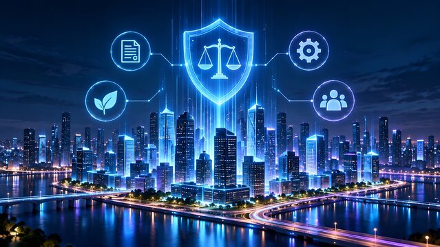 Futuristic smart city governed by digital legal compliance sustainability policies and corporate governance infrastructure