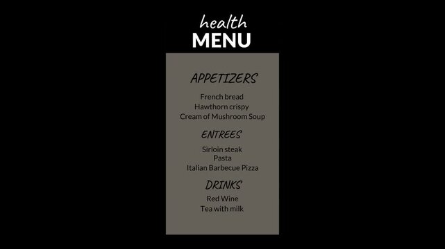 Restaurant health menu template displays appetizers, entrees, and beverage sections on a dark backdrop.