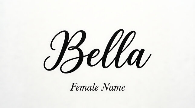 A stunning black handwritten typography inscription spelling the popular female moniker Bella, accompanied by descriptive label text underneath, displayed on a contrasting bright parchment