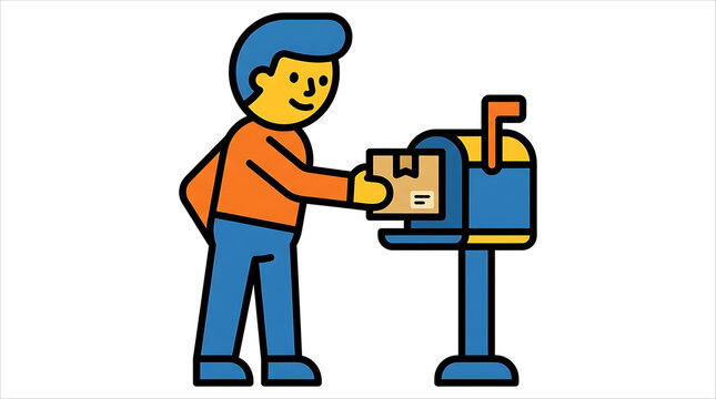A clean line art icon showing a man inserting a delivery parcel box into a residential standing post mailbox.