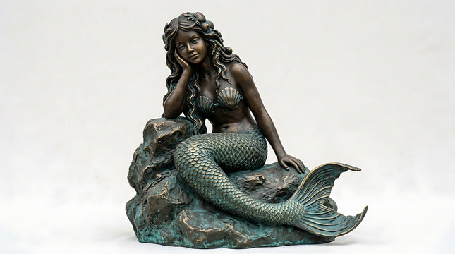 An artistic bronze sculpture depicting a mystical mermaid resting gracefully upon weathered coastal rocks while gazing thoughtfully into the distance during a calm afternoon journey