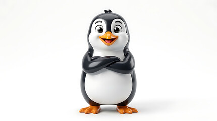 Obraz premium A charming cartoon penguin with large curious eyes stands confidently with crossed flippers while wearing a playful expression on its face during a friendly wildlife photography session