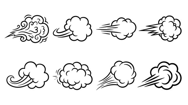A collection of hand drawn comic style wind gust symbols and rapid movement puffs presented in black outlines for creative graphic design projects requiring dynamic motion elements