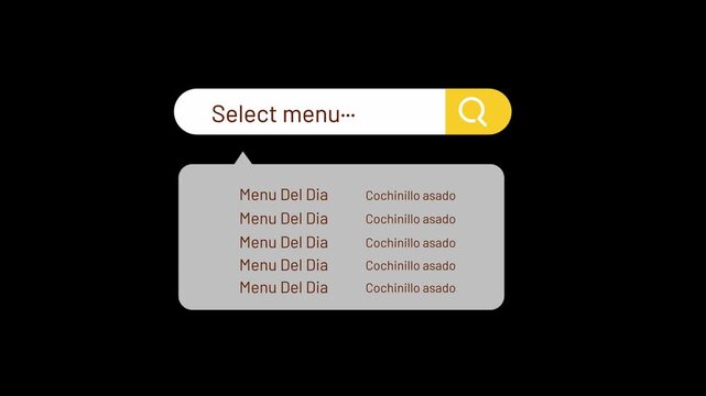 User interface search bar with an active dropdown food menu is displayed over a dark background.