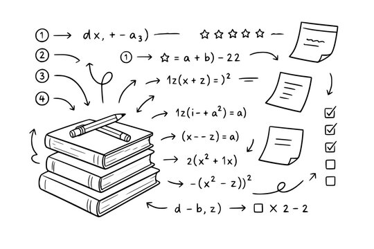 Book stack with crossed pencils and algebra equations are featured in a minimalist hand-drawn sketch style.