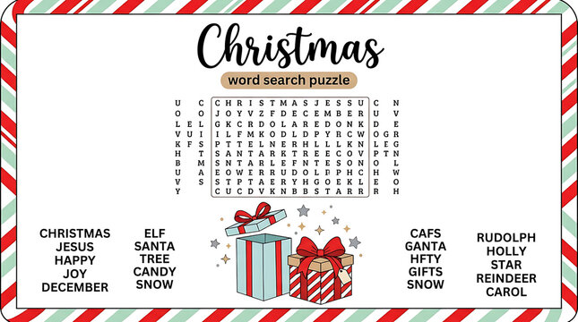 Festive holiday word search puzzle featuring seasonal vocabulary terms and colorful gift box graphics within a red and green striped border designed for winter activity worksheets