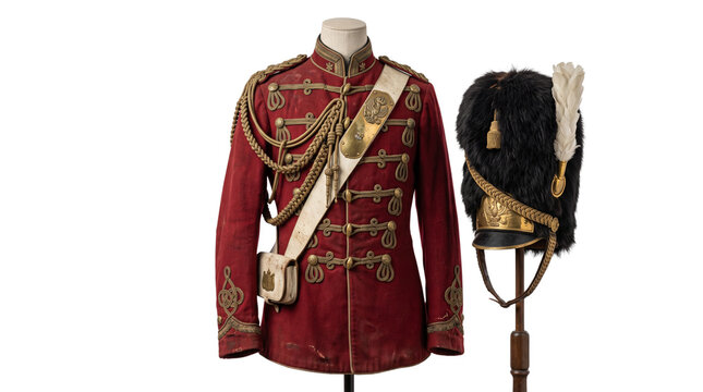 Vintage red military uniform with gold embroidery, antique hussar jacket and bearskin hat, historical ceremonial attire on white background