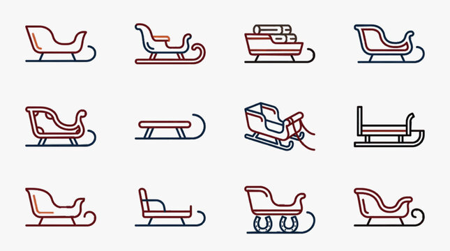 Set of twelve winter sleigh and sled icons in red and blue line art style featuring various designs like traditional wooden sleds, Santa's sleigh, and cargo sleds on a white background.